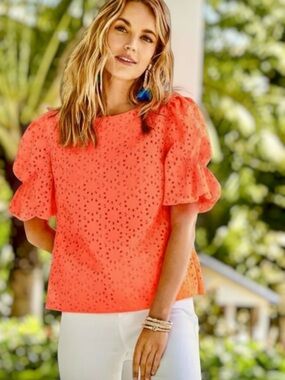Lilly Pulitzer Shaila Puff-Sleeve Eyelet Blouse in Shellona Coral Size Large